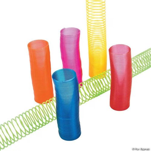 Bright Color Extra Long Magic Springs. These stretchy plastic springs feature bright colors. Package includes 12 count favors measuring 4in before stretching.