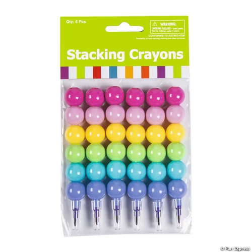 Plastic Round Stacking Crayons. These stackable pieces measuring about 1.5in each have a plastic ball topper above a crayon, with each set including dark pink, light pink, yellow, green, blue, and purple. Package includes 6 count stacking crayon sets measuring 4.25in when together.