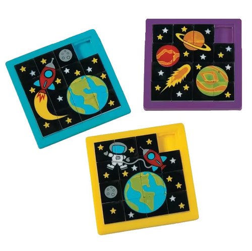 Mini Space Slide Puzzles. These plastic mini slide puzzles feature assorted pictures of icons such as stars, planets, and rocket ships. Package includes 12 count puzzles measuring 2.5in.