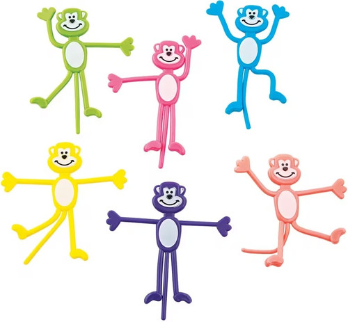 Vinyl Neon Bendable Monkeys. These smiling vinyl monkeys are in green, pink, blue, yellow, purple, and salmon colors. Package includes 12 count favors measuring 4.25in.