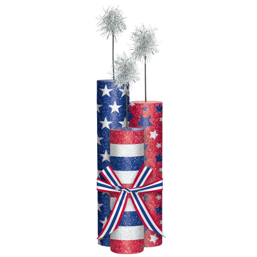 Patriotic Foam Firework Centerpiece. This centerpiece features 3 assorted size blue, white, and red glittery patterned foam fireworks with attached silver tinsel wicks. Measures 10.5in.