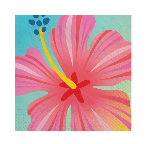 Summer Dreams Beverage Napkins. These 2-ply paper napkins feature a bright pink hibiscus flower on a background that fades from blue to green. Package includes 16 count napkins measuring 5in when folded.