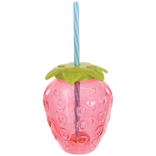Novelty Strawberry Cup. This translucent pink plastic cup is in the shape of a strawberry with a plastic green leave lid and a blue and white striped plastic straw. Package includes 1 count cup measuring 4.5in tall with lid, 17.5oz, with a straw measuring 7in.