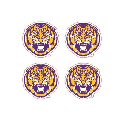 LSU Peel & Stick Tiger Head Temporary Tattoos. These purple and gold tiger head shaped tattoos are easy to apply, no water needed. Package includes 4 count hypoallergenic tattoos measuring about 1.15in.
