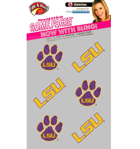 LSU Peel & Stick Game Faces Glitter Temporary Tattoos. Package includes 3 count hypoallergenic spirit tattoos of the LSU logo in glittery yellow (measuring about 1.4in x .4in) and 3 count paw prints in glittery purple with yellow LSU logos (measuring about 1in), 6 count total.