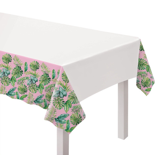 Royal Palm Plastic Tablecover. This white plastic rectangular cover features pink borders with painterly illustrations of green tropical leaves. Measures 54in x 102in.