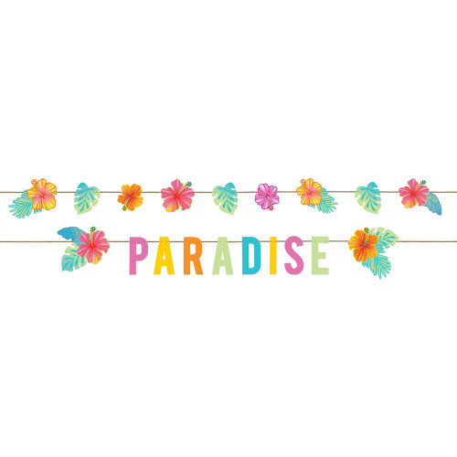 Summer Dreams Paradise Banners. These printed cardstock cutout banners feature cutouts of bright colorful hibiscus flowers and leaves, with one banner including "PARADISE" in multicolor text. Package includes 2 count banners measuring 84in each.