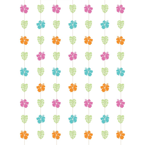 Summer Dreams Hanging String Decor. These strands include printed cardstock cutouts of pink, turquoise, and orange hibiscus flowers as well as green tropical leaves. Package includes 7 count strings measuring 88in each.