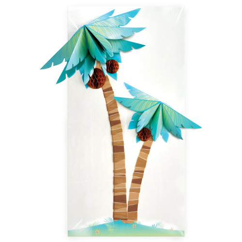 Summer Dreams 3D Scene Setter. This set features a clear backdrop of two palm trees on a tiny green grass hill. It includes hanging add ons of cardstock palm leaves and honeycomb tissue coconuts to make it dynamic. Measures 33.5in x 65in.