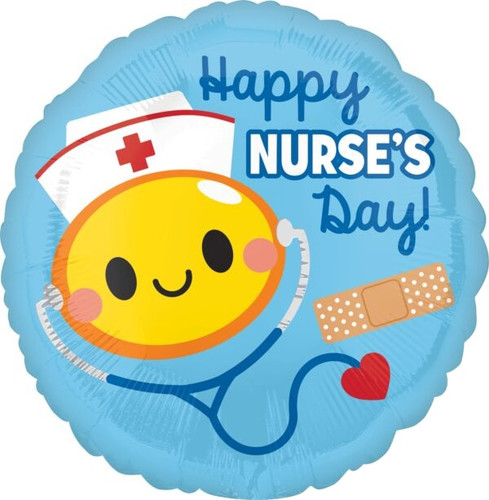 This Happy Nurse's Day Balloon is circular with a blue background. A yellow smiley face with a nurse's cap, bandage, and stethoscope are beside the next "Happy NURSE'S Day" in dark blue script and white capital letters. Balloon is approximately 17 inches after inflation.