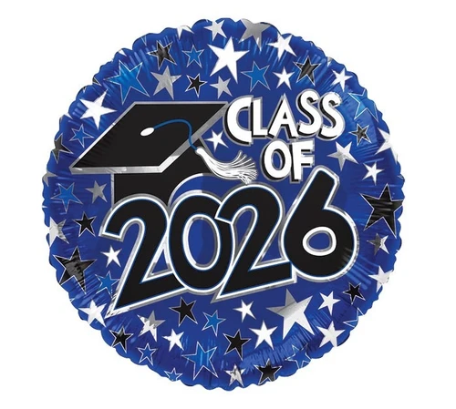 Blue Class of 2026 Balloon. Featuring a blue background with a pattern of blue, silver, black, and white stars, this circular balloon features "CLASS OF 2026" in black and white text, accented with a black grad cap with a white tassel. Balloon is approximately 17 inches after inflation.