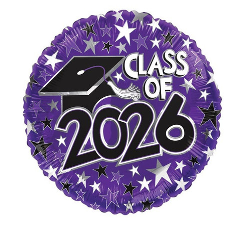 Purple Class of 2026 Balloon. Featuring a purple background with a pattern of purple, silver, black, and white stars, this circular balloon features "CLASS OF 2026" in black and white text, accented with a black grad cap with a white tassel. Balloon is approximately 17 inches after inflation.