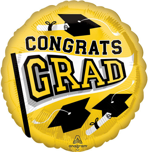Yellow Be True To Your School Grad Balloon. This yellow circular balloon features "CONGRATS" in black and "GRAD" in yellow with a black outline, displayed on a white flag design. Surrounding the flag are festive graduation caps and diplomas. Balloon is approximately 17 inches after inflation.