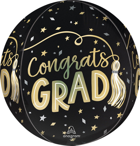 Satin Twirling Tassels Congrats Grad Orbz Balloon. This spherical black balloon has segments decorated with star and parallelogram shaped confetti in silver and gold. Centered in each segment is "Congrats GRAD" in gold script and capital letters with a gold tassel. Balloon is approximately 16 inches after inflation.