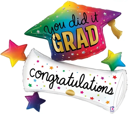 Rainbow Grad Hat Diploma Balloon! This shaped balloon features a rainbow grad cap with "you did it GRAD" in black script and gold capital letters, connected to a white diploma with "congratulations" in black script, accented with rainbow stars. Balloon is approximately 35 inches after inflation.