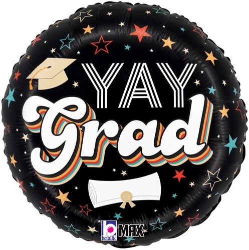 Retro Yay Grad Balloon. This black circular balloon is decorated with multicolor stars. Centered is "YAY Grad" in white, retro fonts, topped with a beige grad cap and a white diploma underneath. Balloon is approximately 18 inches after inflation.