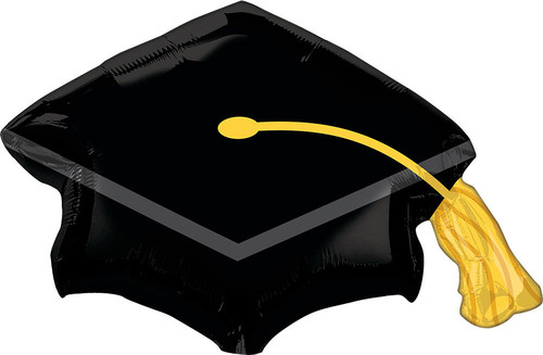 Black Grad Cap Balloon. Shaped like a black grad cap, this balloon features a yellow tassel. Balloon is approximately 31 inches after inflation.