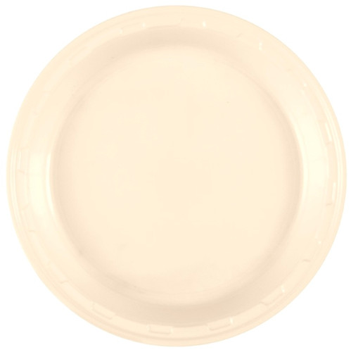 Vanilla Cream Plastic Dinner Plates. These sturdy round plastic plates feature an ivory color. Package includes 50 count 10in plates.