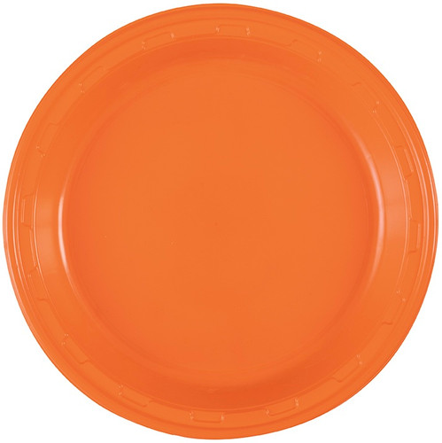 Orange Plastic Dinner Plates. These sturdy round plastic plates feature a bright orange color. Package includes 50 count 10in plates.