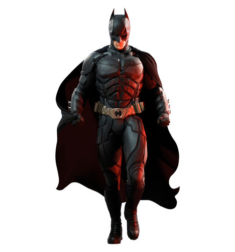 Life-size Cardboard Standee of Batman. Batman appears to be walking forward, gripping his cape, with a bit of red lighting on one side. This cut out measures 38 inches wide by 74 inches tall, with 8in easel depth. Print is on one side.