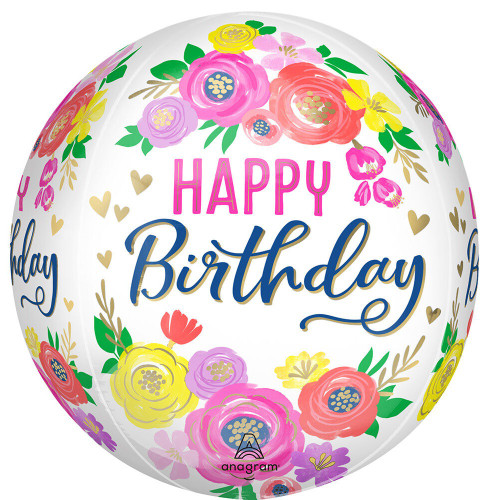 Artful Floral Birthday Orbz Balloon. This white spherical shaped balloon features segments of colorful flowers around "HAPPY Birthday" in pink capital letters and navy script, accented with gold hearts. Balloon is approximately 16in orb shaped after inflation.