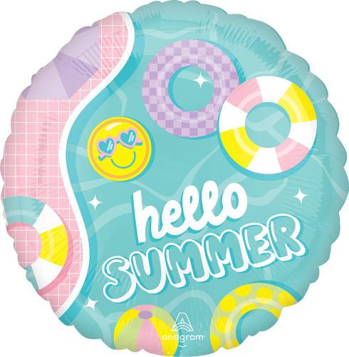 Pastel Beach Club Hello Summer Balloon. This circular balloon features a background of turquoise blue waves against pink tiles, accented with pastel color pool rings and toys. Near the bottom reads "hello SUMMER" in white script and white outlined letters. Balloon is approximately 17 inches after inflation.