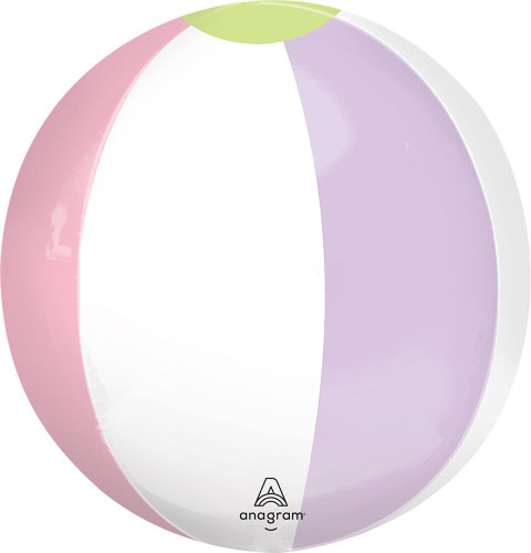 Pastel Beach Club Orbz Balloon. This spherical shaped balloon features a beach ball design with white and pastel color segments. Balloon is approximately 16 inches after inflation.