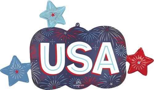 Satin Patriotic Burst Balloon. This This shaped balloon features "USA" in white over a blue background with fireworks, with extended stars in blue, light blue, and red. Balloon is approximately 36 inches after inflation.