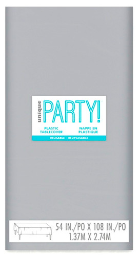 Silver Gray Plastic Tablecover. This rectangular cover with a slight sheen wipes off easily and is disposable! Great for buffet parties and holiday events! Table cover measures 54in x 108in.