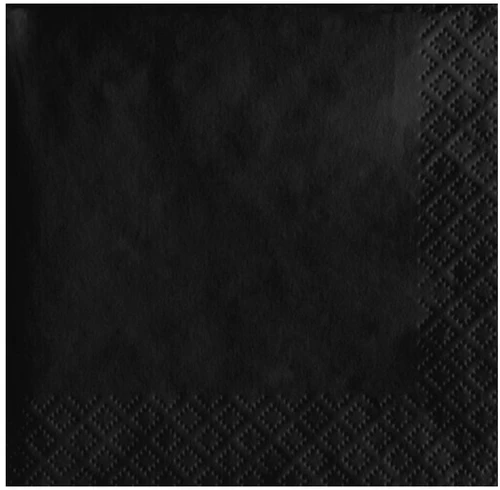 Black Dinner Napkins. These 2-ply paper napkins feature a solid black color. Perfect for holidays, birthdays, sporting events, and more! Package includes 40 count napkins measuring 7.5in x 7.75in when folded.