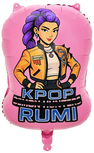 K Pop Theme Light Pink Girl Balloon. This light pink oblong shaped balloon features a pop star with purple hair and a yellow jacket. Balloon is approximately 18 inches after inflation.