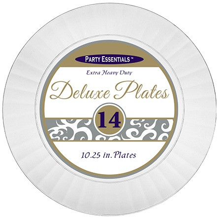 Clear Deluxe Plastic Dinner Plates. These premium heavy weight plates have a decorative edge. Package includes 14 count 10.25in plates.