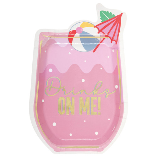 Summer Chic Drink Shaped Plates. These stemless glass shaped paper plates feature a pink drink with tiny white bubbles with a pink parasol and colorful beach ball. "Drinks ON ME!" is centered in gold foil with a blue shadow. Package includes 8 count plates measuring 8.25in.