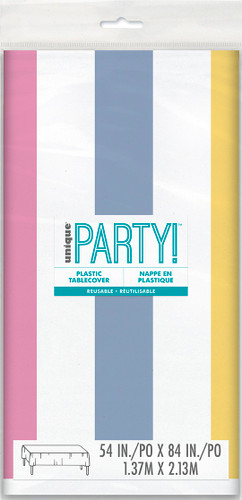 Summer Chic Plastic Tablecover. This white rectangular plastic tablecover has an edge decorated with pastel color stripes. Measures 54in x 84in.