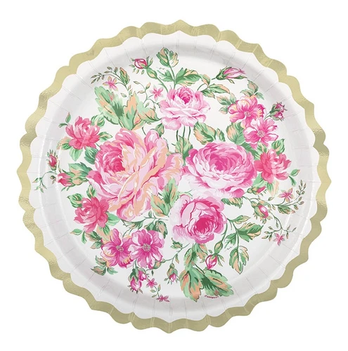 Golden Garden Party Scalloped Luncheon Plates. These white paper plates feature a pretty scalloped gold foil border with a cluster of pink flowers in the center. Package includes 8 count 9 inch plates.