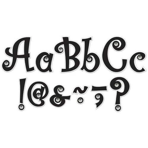 Letters & Numbers - Black Bling Letters. These sheets of punch out letters, numbers, and punctuation are in a black, fun curvy font with a sheet of .75in clear acrylic gems to add for accents. Package includes 395 count pieces total, with 258 count uppercase and lowercase letters, 33 count numbers (0 - 9), 72 punctuation marks, and 32 count gems. The largest pieces measure about 5in. Sizes will vary for each piece.