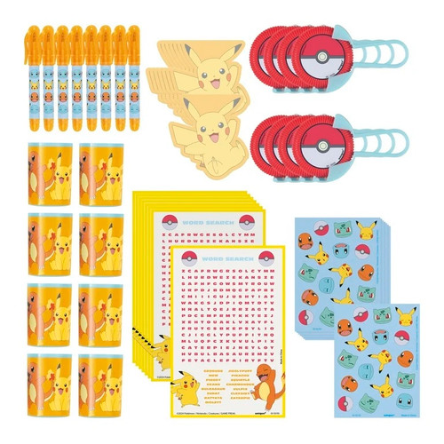 Pokemon Favor Pack. This set incorporates fan favorite characters Pikachu, Charmander, Squirtle, and Bulbasaur, as well as pokeball images. Package includes 8 disc launchers, 8 sticker sheets, 8 activity sheets, 8 note pads, 8 mini pens, and 8 mini prism viewers. 48 pieces total.