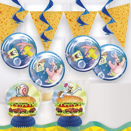 Spongebob Decoration Kit. This set includes a sponge pattern plastic flag pennant banner (measures 8ft), 2 mini blue tissue paper hoenycomb centerpiece decorations with cardstock prints of Gary and Sandy with a Krabby Patty, and 4 blue foil hanging swirl decorations with round cutouts of Spongebob and Patrick playing with bubbles. Package includes 7 count pieces total.