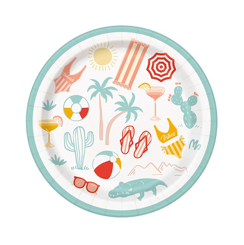 Poolside Summer Dessert Plates. These small white paper plates feature a seafoam greenish blue border and fun summertime images such as palm trees, drinks, and swimsuits. Package includes 8 count plates measuring 7in.