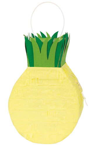 Mini Pineapple Pinata Decoration. This pinata is shaped like a bright yellow pineapple with a leafy green stem, with a seal on the side. Decoration measures 8.5in tall x 5.25in wide x 2.75in thick. Filler not included.