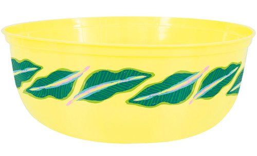 Tropical Leaves Plastic Serving Bowl. This bright yellow plastic bowl features printed green tropical leaves along the outside. Measures 10.5in in diameter, 4.25in tall, 4.87 quarts.