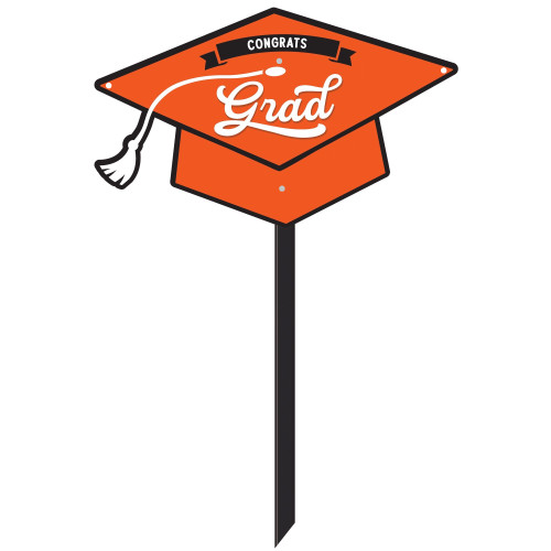 Grad Cap Lawn Sign - Orange. Featuring an orange plastic graduation hat with a white tassel, this sign is attached to a black plastic stake. "CONGRATS" in white text on a small black banner sits above "Grad" in white script. Holes punched on the ends of the hat are available to tie helium balloons (not included) for extra flair. The underside is white. Measures 8in tall x 13.25in wide. 21.25in tall with stake.