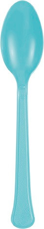 Teal Plastic Spoons. These heavy duty plastic spoons feature a teal blue color. Package includes 20 count 6.5in spoons.
