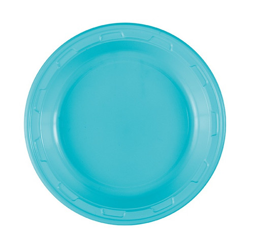 Teal Plastic Dessert Plates. These sturdy round plastic plates feature a teal blue color. Package includes 50 count 6.75in plates.