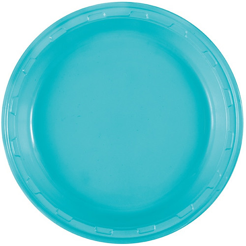 Teal Plastic Dinner Plates. These sturdy round plastic plates feature a teal blue color. Package includes 50 count 10in plates.