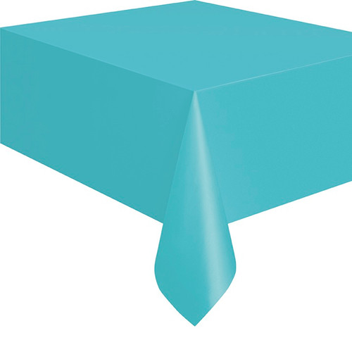 Teal Plastic Tablecover. This rectangular plastic tablecover has a solid teal blue color. Tablecover measures 54in x 108in.