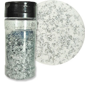 Edible Glitter Sprinkles - Silver Pearl. These silver pearl color flake sprinkles add a shimmer to cupcakes, cookies, cakes, and more. Net WT 1oz.