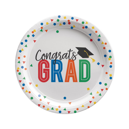 Colorful Future Grad Dessert Plates. These white paper plates feature a border of colorful confetti, with a black grad cap with yellow tassel beside "Congrats" in black script over "GRAD" in multicolor letters. Package includes 8 count plates measuring about 7in.