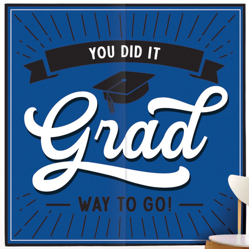 School Spirit Grad Backdrop - Royal Blue. Featuring a blue background with a black border, this 2 piece plastic backdrop showcases "YOU DID IT" in white text on a black banner arched above a black grad cap and "Grad" in white script. "WAY TO GO!" sits at the bottom in black text. Each piece measures 32.5in x 65in. Measures 65in x 65in when pieced together.