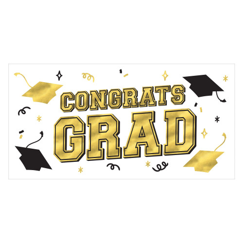 Congrats Grad Banner. Featuring a white background with black and gold grad caps and confetti, this horizontal decoration has "CONGRATS" over a larger "GRAD" in gold block letters. Measures 33.5in x 65in.